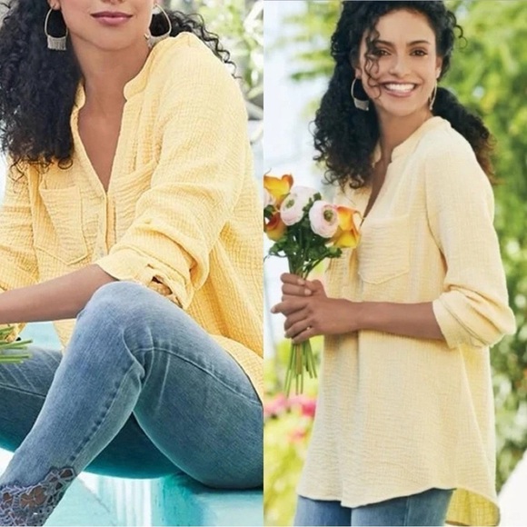 SOFT SURROUNDINGS Gauze Long Sleeve Cotton Butter Yellow Tunic Top Sz XL - Picture 1 of 6